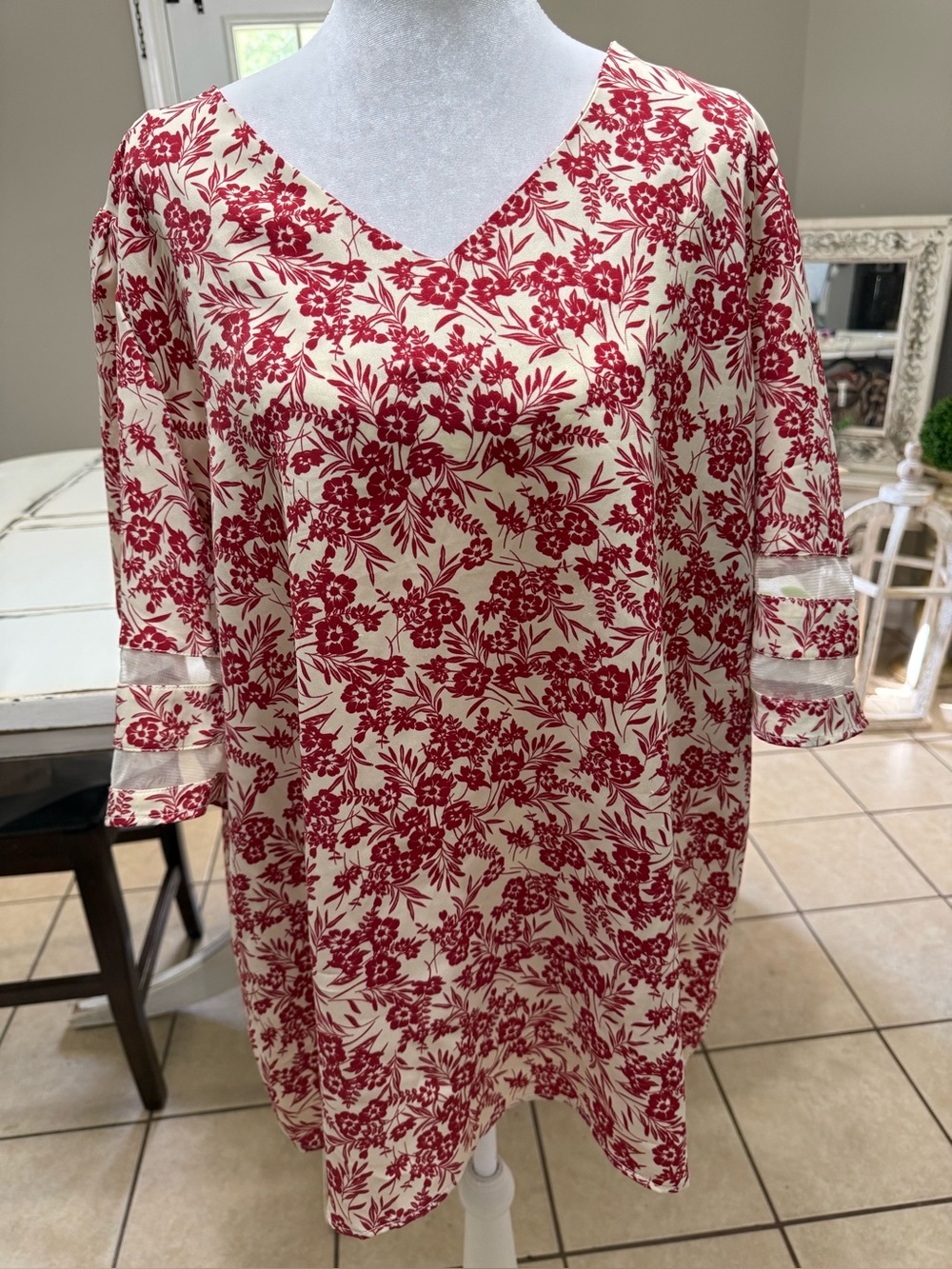 Jouica 2XL Red Floral Boho Tunic Top V-Neck 3/4 Sleeve
